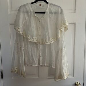 Light Cream Lace-Trim Button Front Blouse
